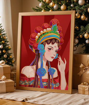 Traditional Asian art depicting stylized woman with ornate headdress