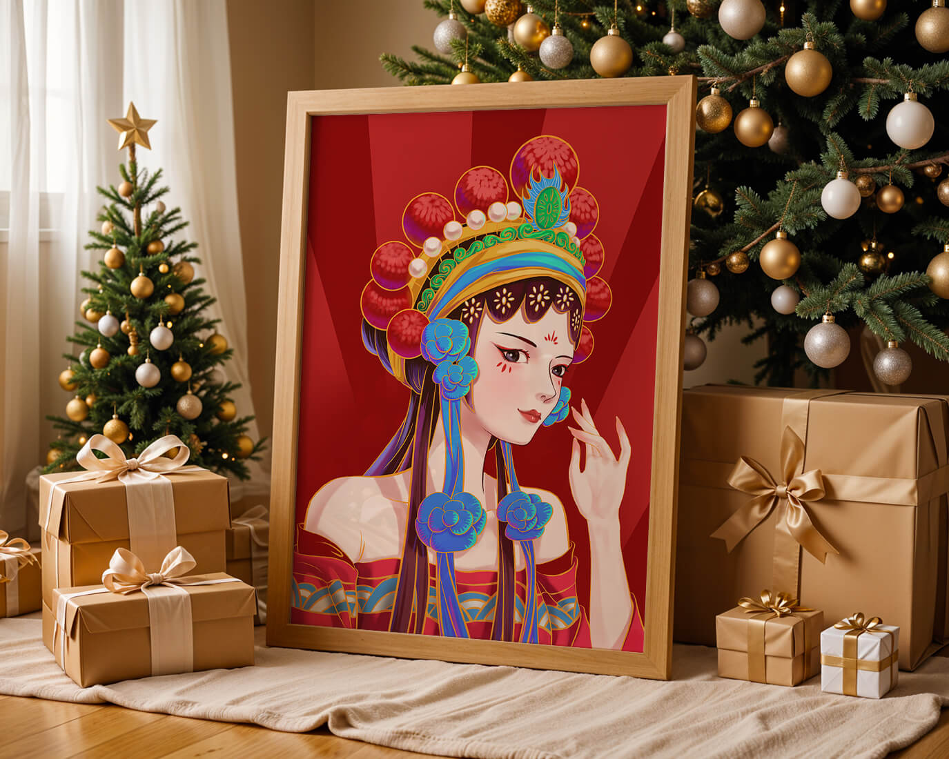 Traditional Asian art depicting stylized woman with ornate headdress