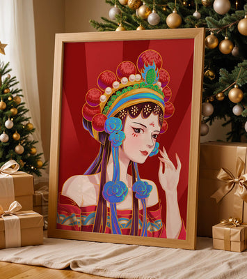 Traditional Asian art depicting stylized woman with ornate headdress