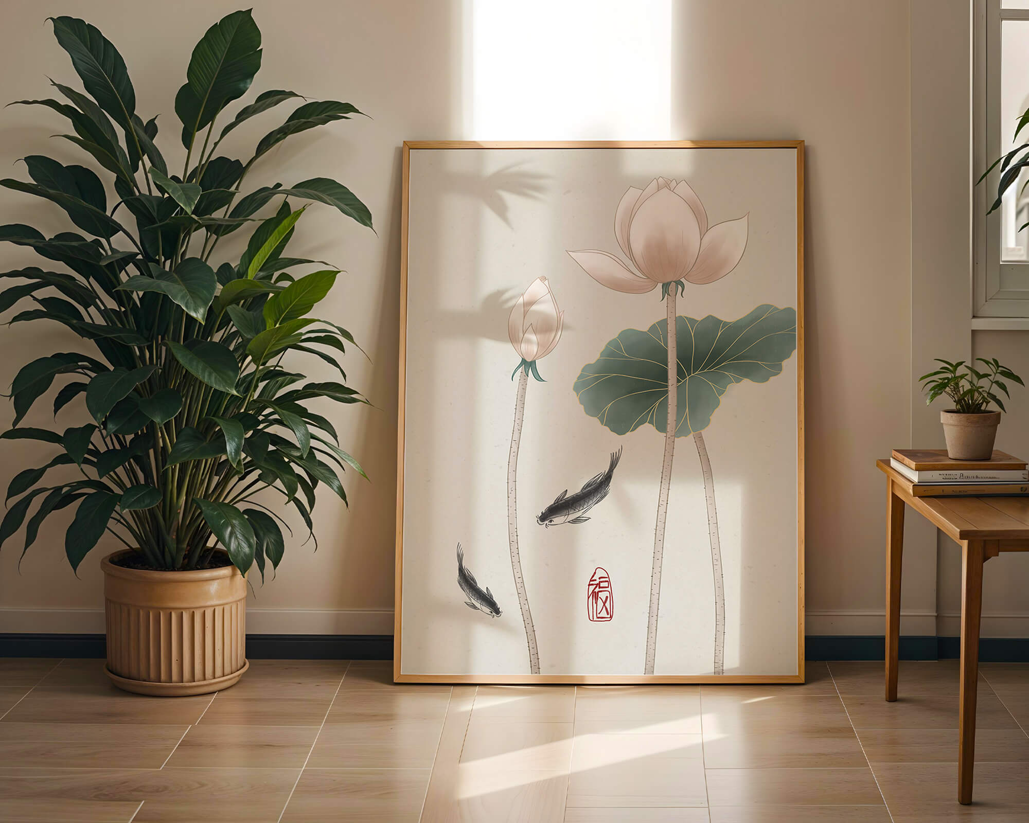 Lotus flowers and koi fish in minimalist Asian art illustration