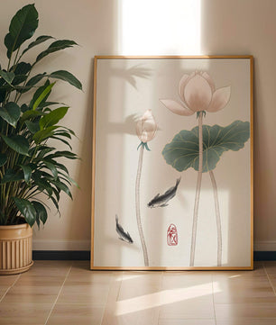 Fleurs de lotus et carpes koï dans une illustration d’art asiatique minimaliste