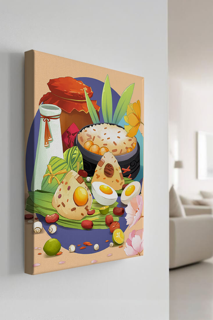 Traditional Asian culinary still life with rice and eggs