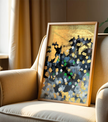 Abstract art with gold and colorful brushstrokes