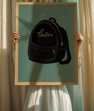 Elegante mochila negra con detalles dorados e inscripción de amor