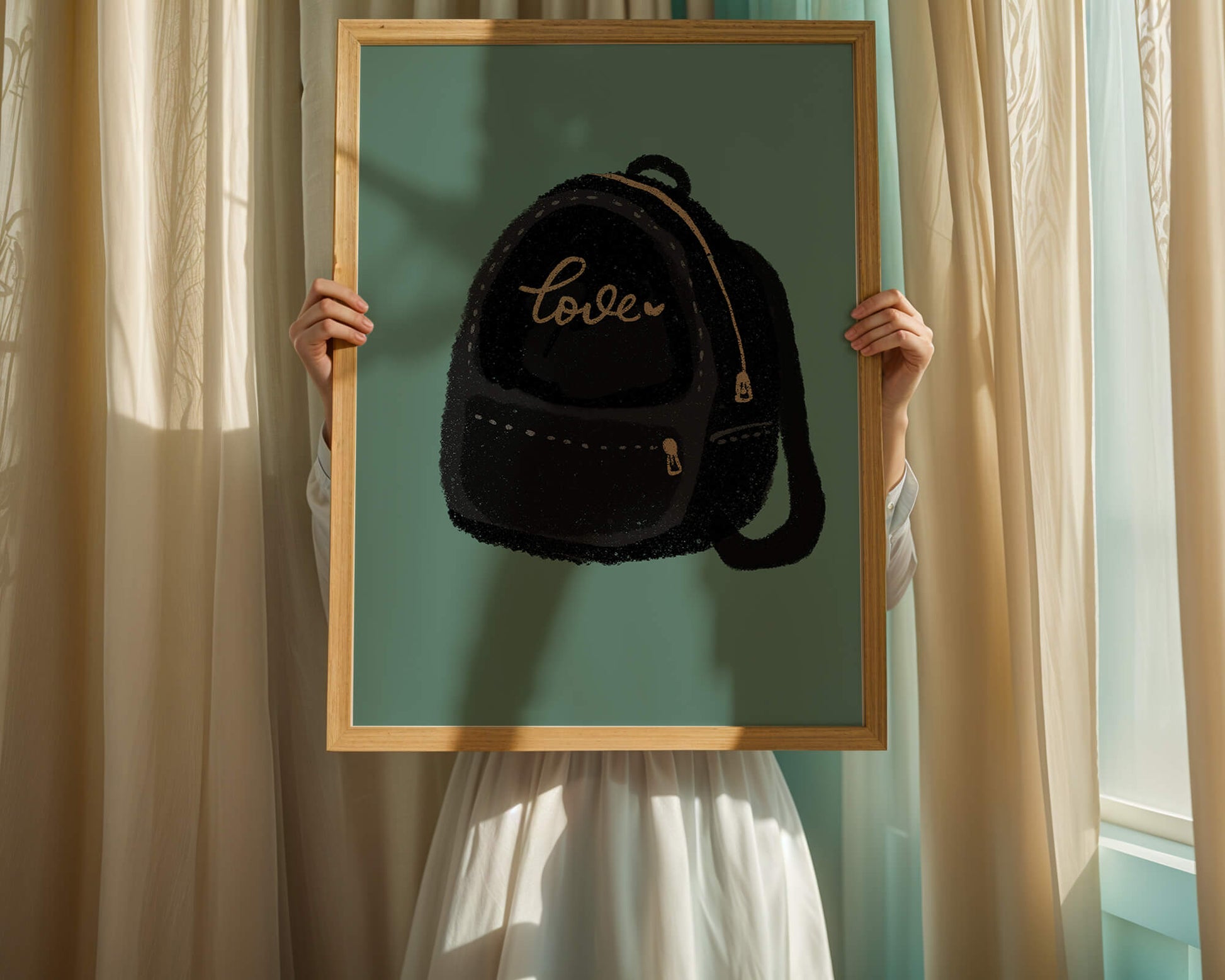 Elegant black backpack with gold accents and love inscription
