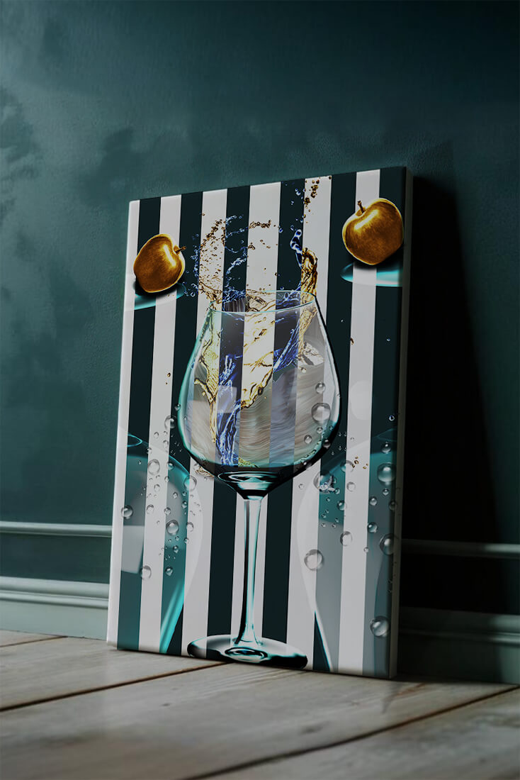Elegant Glass of Champagne with Golden Apples and Striped Background