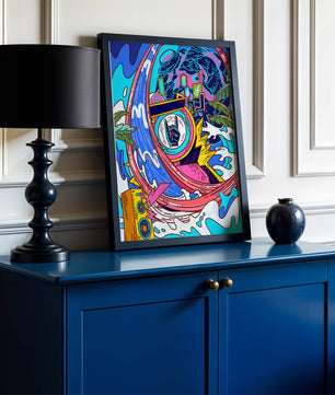 Vibrant abstract art with waves and neon elements