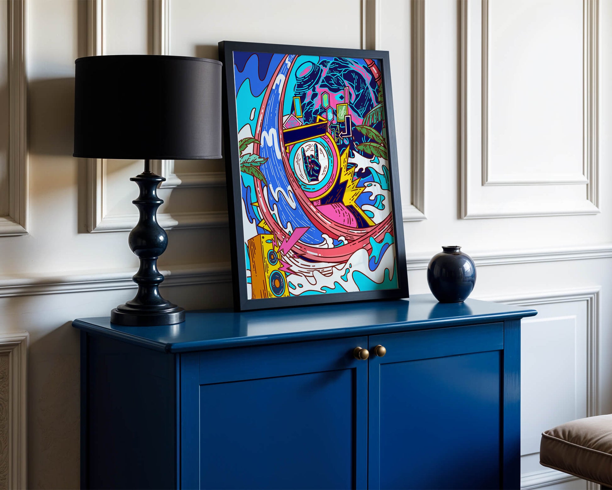 Vibrant abstract art with waves and neon elements