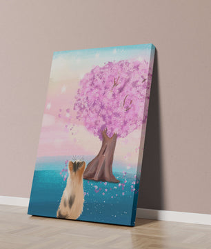 Serene scene with cat and blossoming cherry tree at sunrise