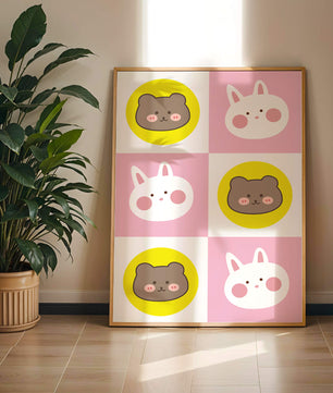 Diseño de patrones de animales juguetones con caras de osos y conejos en colores pastel