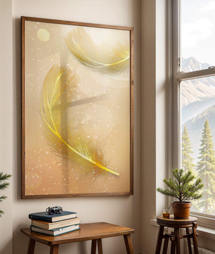 Elegant golden feathers with sparkling particles on soft background