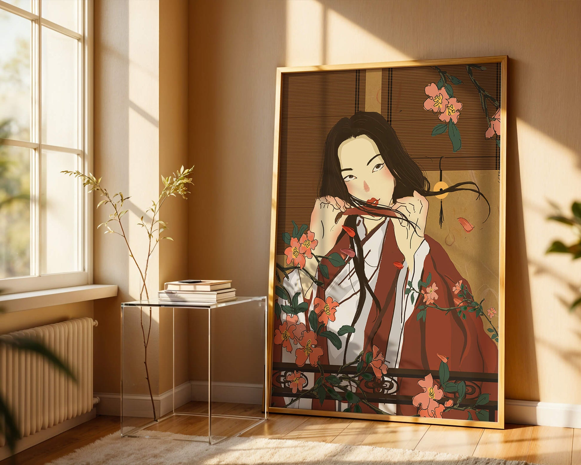 Japanerin spielt Flöte zwischen Blumen in traditioneller Umgebung