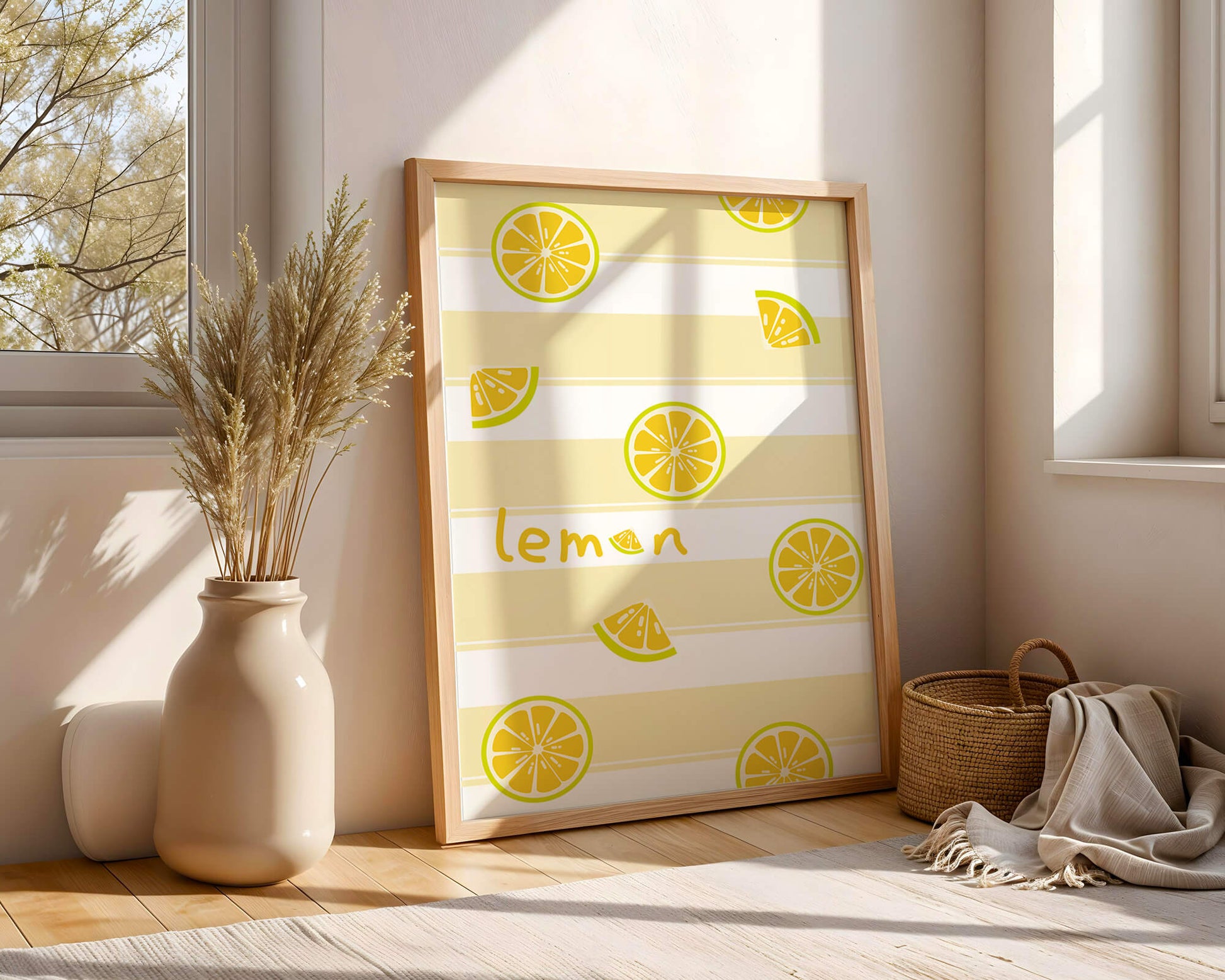 Yellow lemon slices pattern with bold stripes