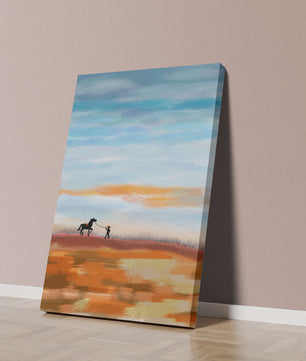 Serene landscape with cowboy and horse under vast sky