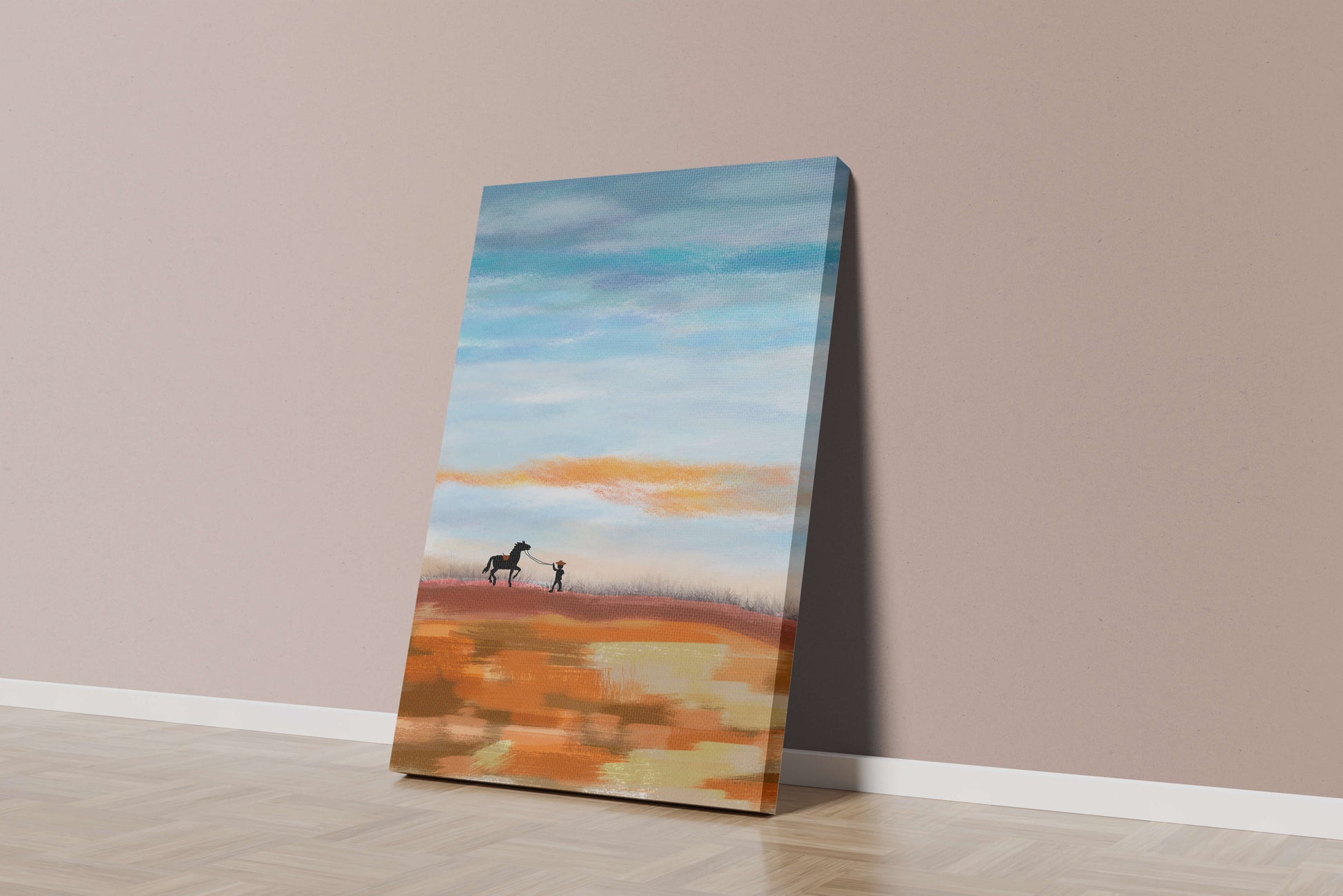 Serene landscape with cowboy and horse under vast sky