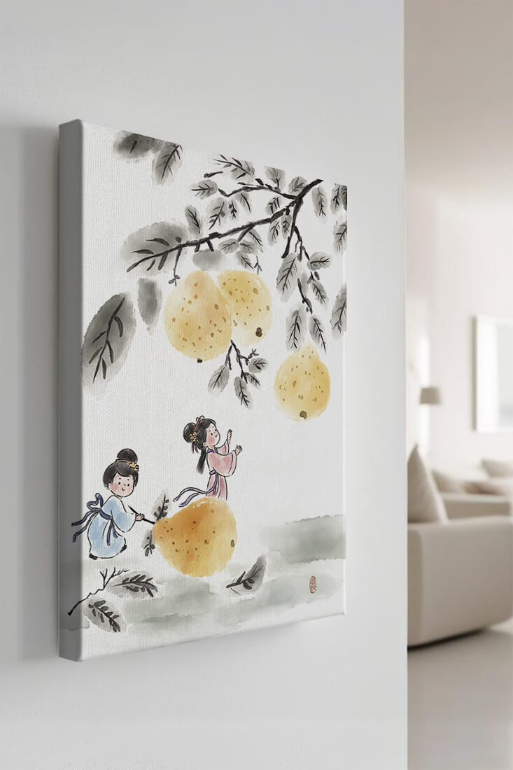 Ilustración encantadora de niños en vestimenta tradicional recolectando peras