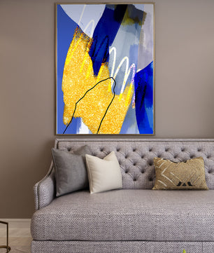 Pintura abstracta azul y amarilla con detalles dorados