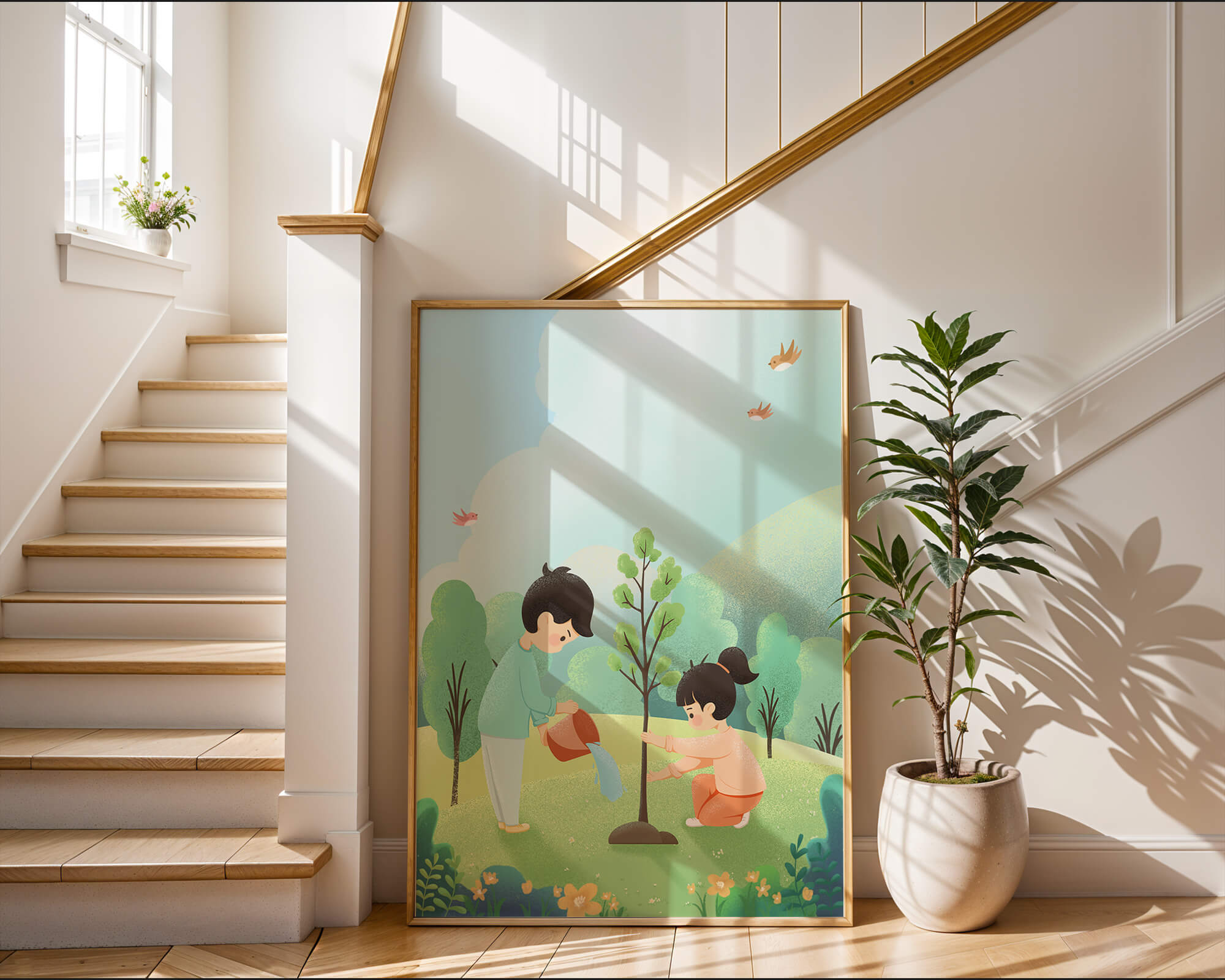 Children nurturing a young tree in a lush green landscape