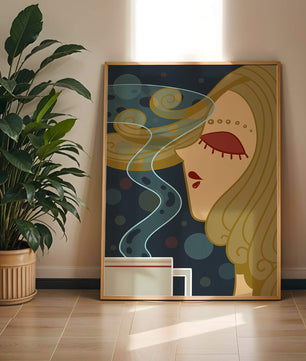Stylized portrait of a woman with flowing hair and steaming coffee