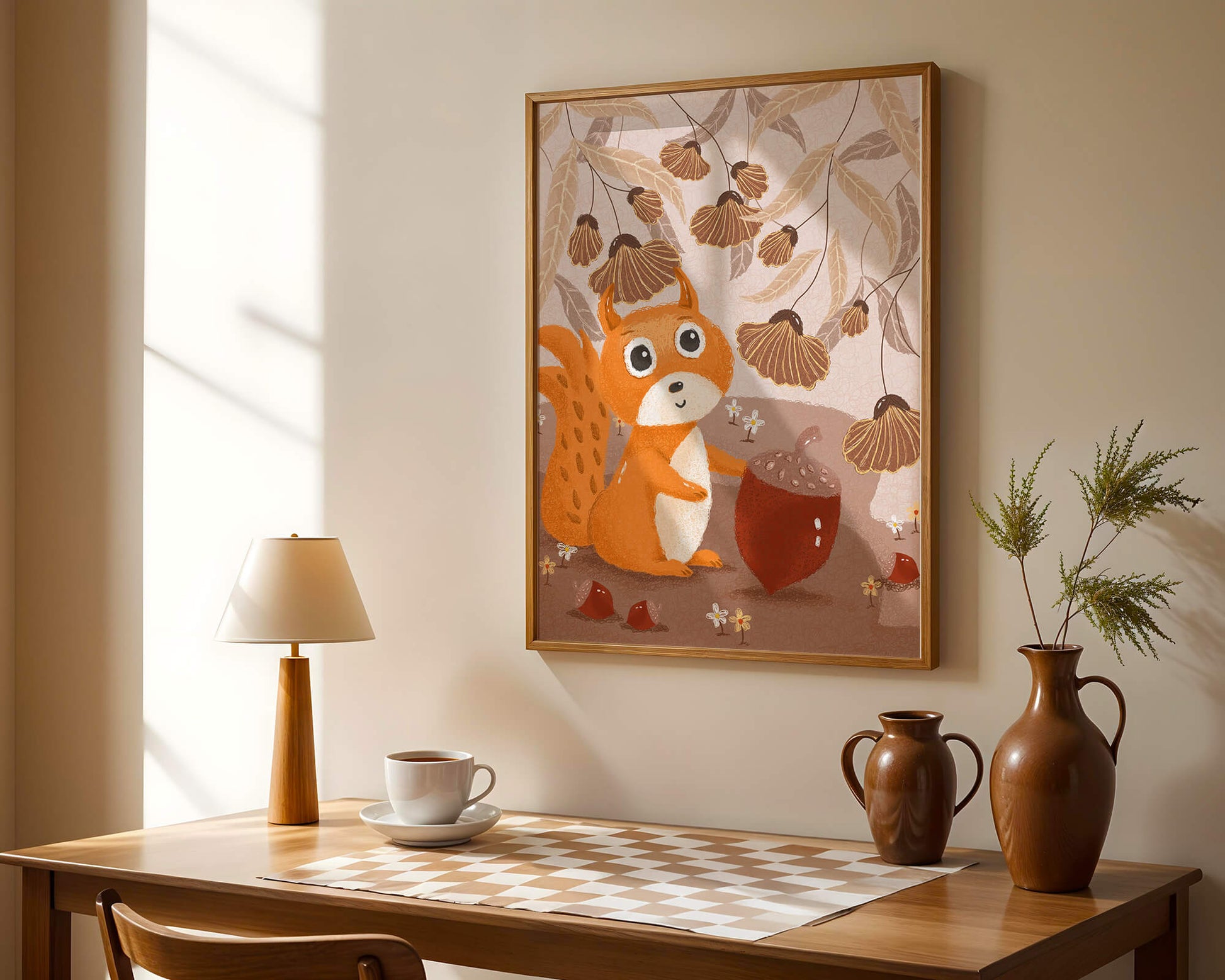 Orange Squirrel with Acorn in Autumn Forest