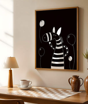 Cebra juguetona con globos en arte minimalista en blanco y negro