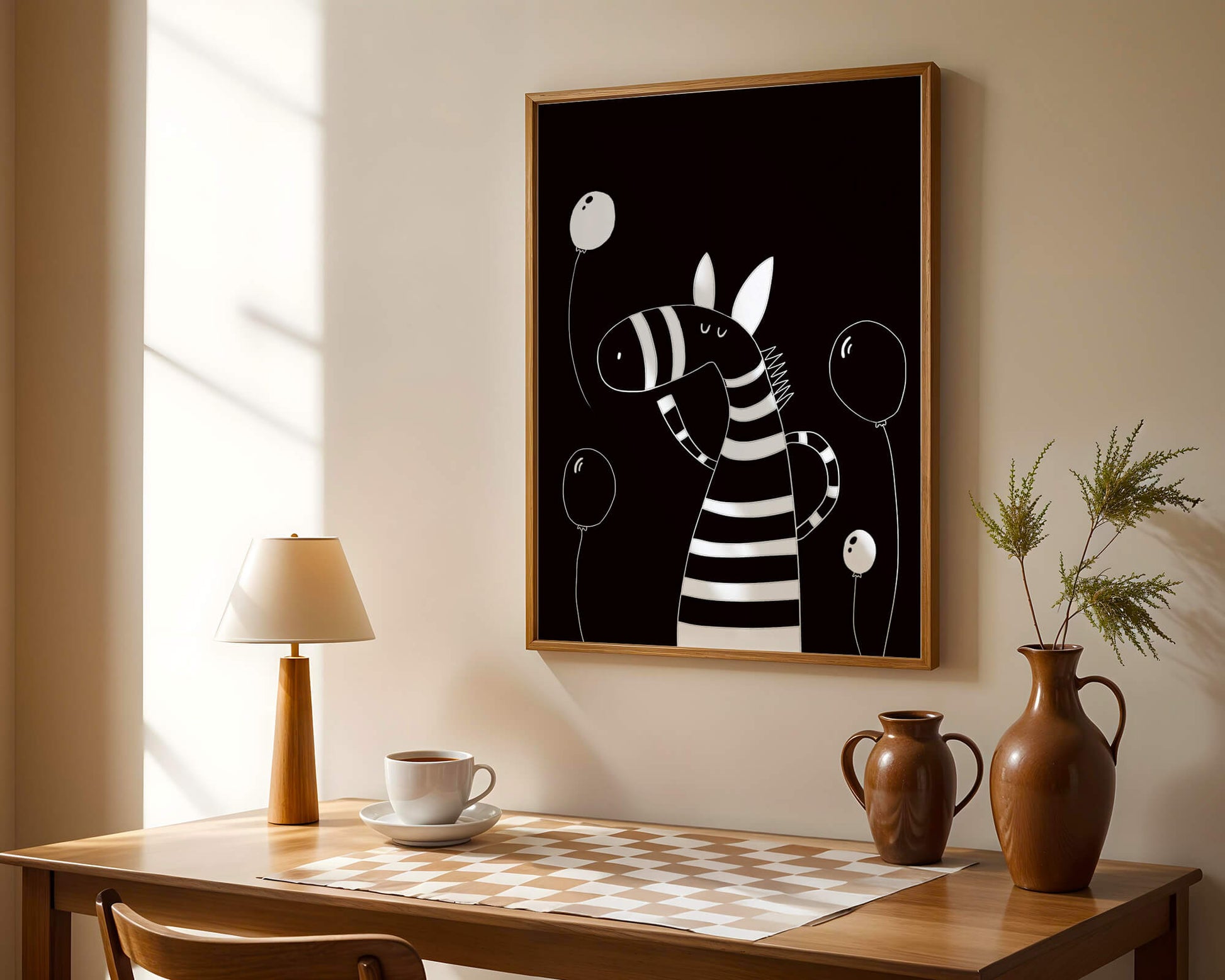 Cebra juguetona con globos en arte minimalista en blanco y negro