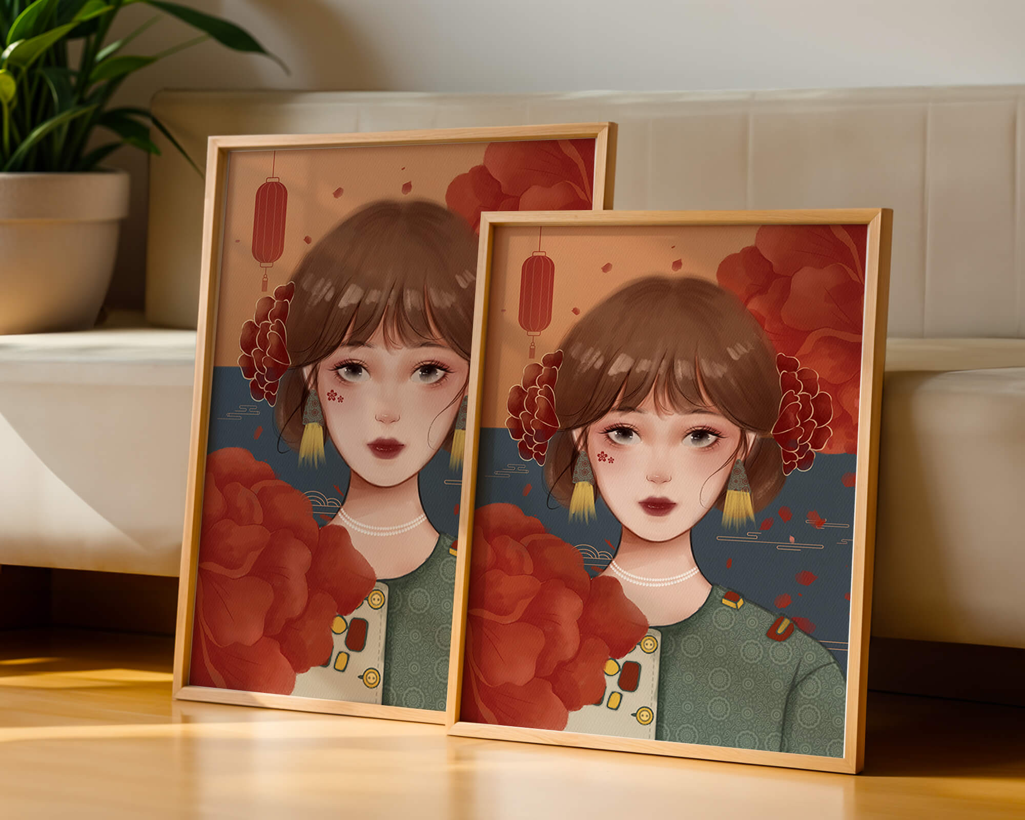 Illustration of a woman adorned with floral elements and traditional accessories