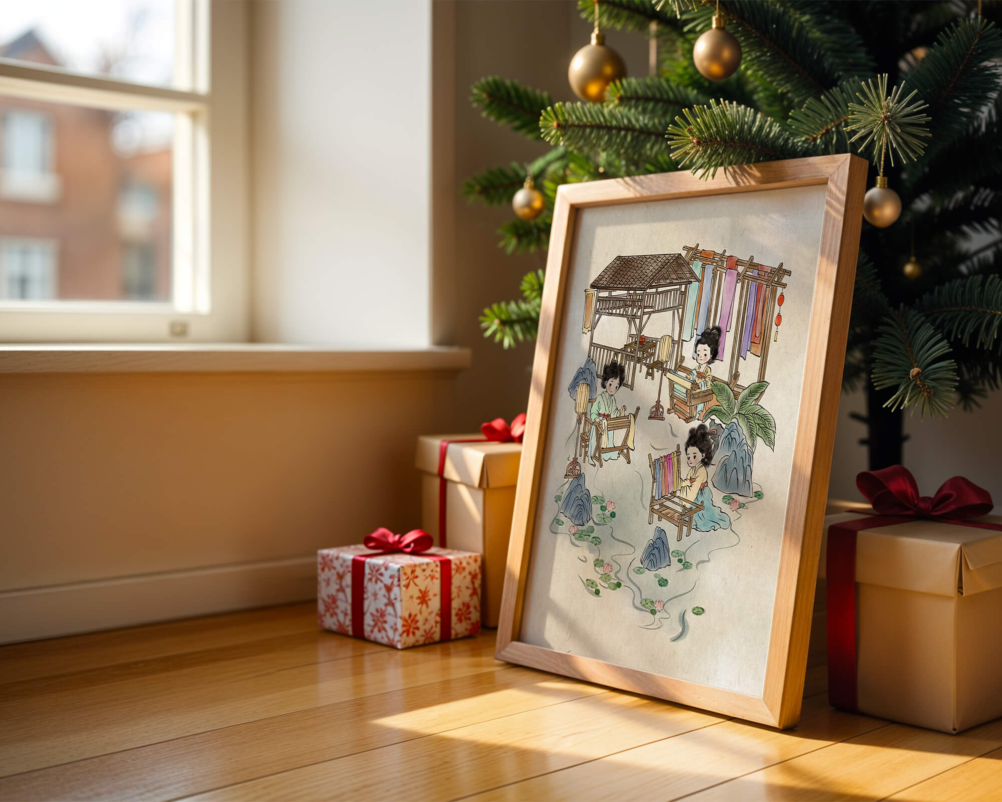 Charming illustration of traditional textile crafts in a serene setting