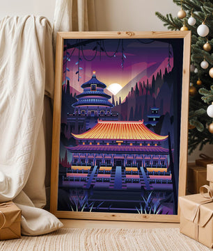 Neon Asian Temple at Sunset in Stylized Landscape