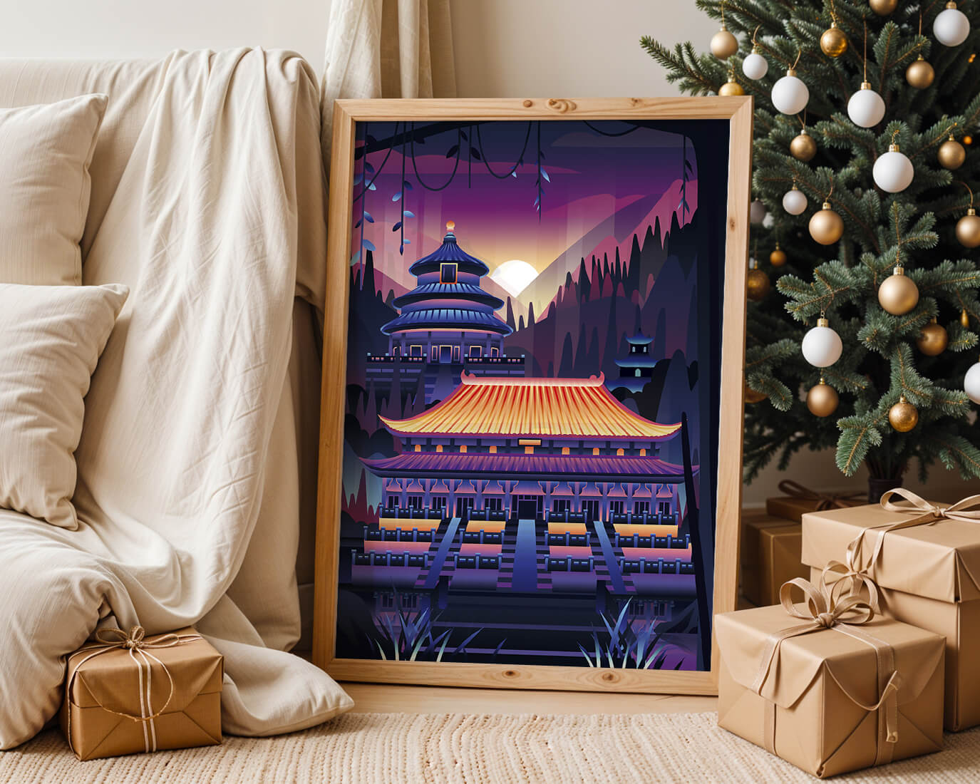 Neon Asian Temple at Sunset in Stylized Landscape