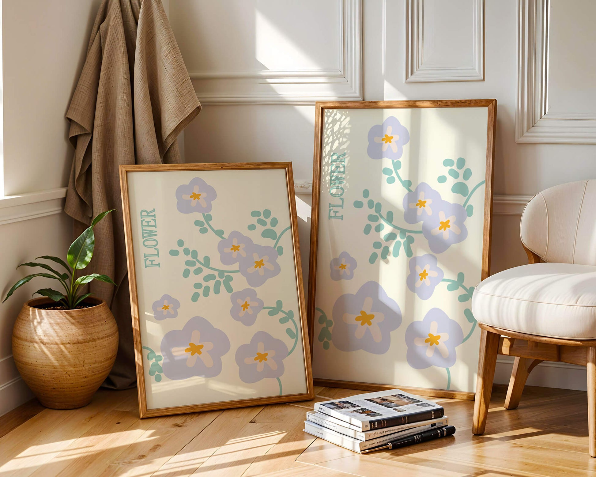 Floral design with pastel flowers and abstract leaves