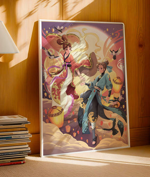 Dynamic anime scene with traditional attire and lanterns