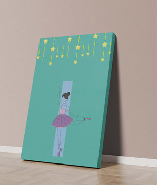 Elegant ballerina illustration with stars on a teal background