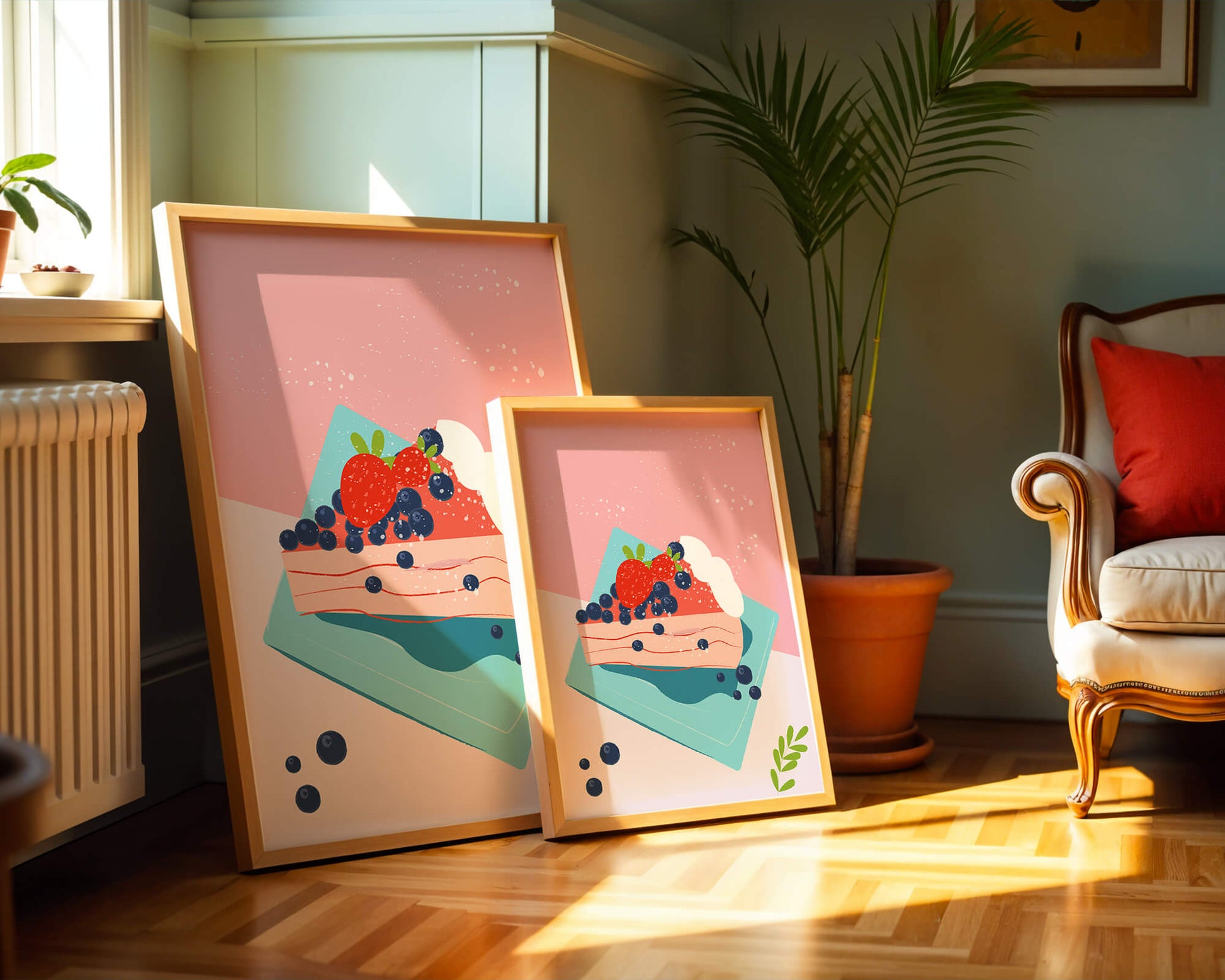 Bunte Dessertillustration mit Erdbeeren und Blaubeeren auf pastellfarbenem Hintergrund