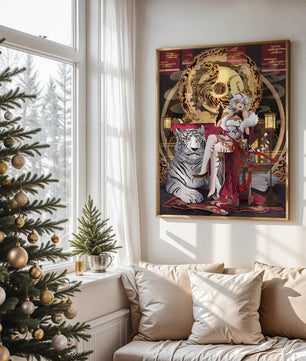 Elegant fantasy character with mystical tiger and ornate decor