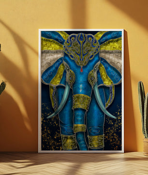 Blue and gold ornate elephant with intricate patterns