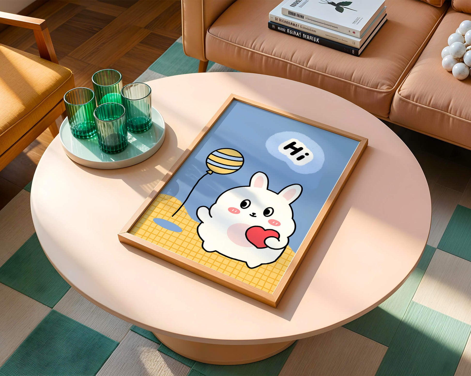 Adorable cartoon bunny with balloon and heart illustration