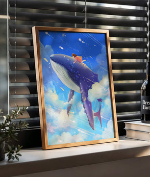 Illustration onirique d'une fille chevauchant une baleine à travers le ciel