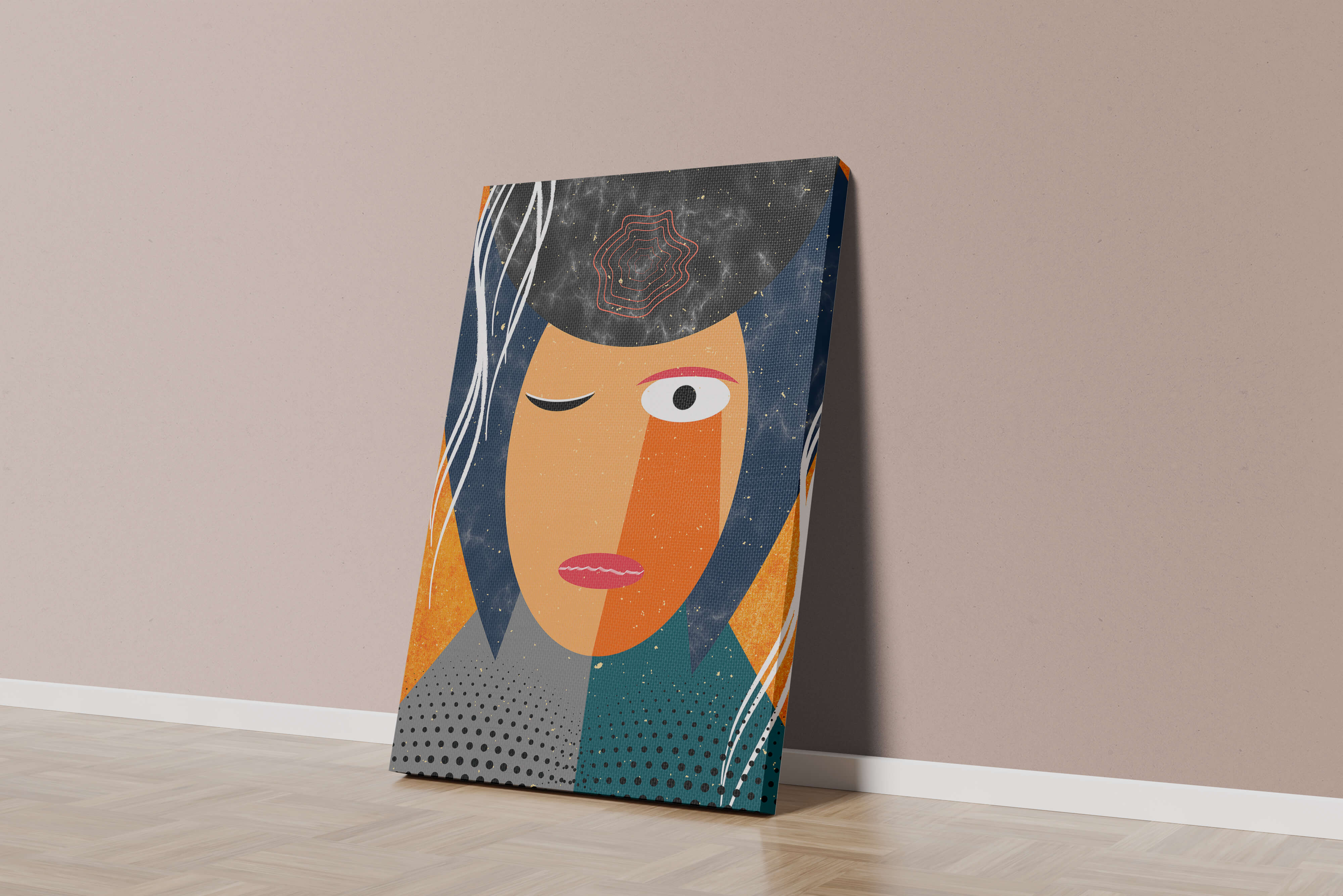 Abstract geometric portrait featuring vibrant colors and textures