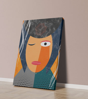 Abstract geometric portrait featuring vibrant colors and textures