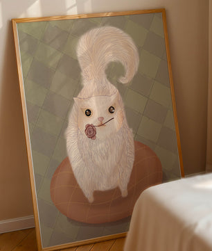 Illustration of fluffy cat with rose on a cushion