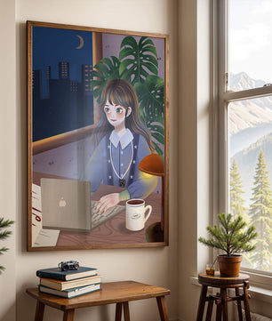Cozy Evening Work from Home Setting with Laptop and Coffee