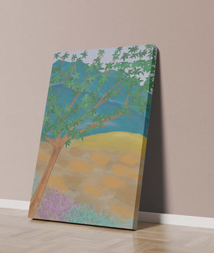 Paisaje pintoresco con árbol vibrante y fondo colorido