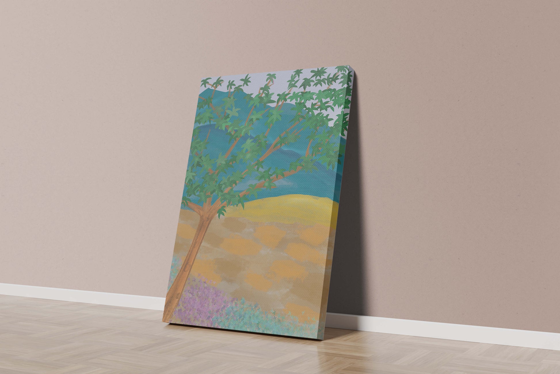 Paisaje pintoresco con árbol vibrante y fondo colorido