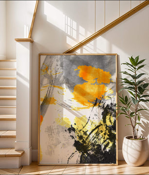 Abstract yellow and black watercolor splash with dynamic brushstrokes