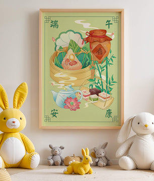 Illustration de nourriture festive chinoise mettant en scène des zongzi traditionnels et un service à thé
