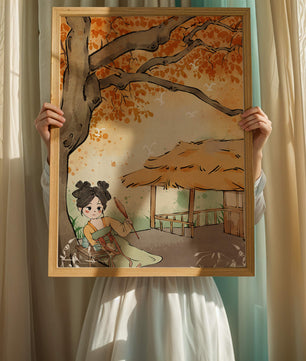 Escena de otoño con ilustración en estilo asiático tradicional