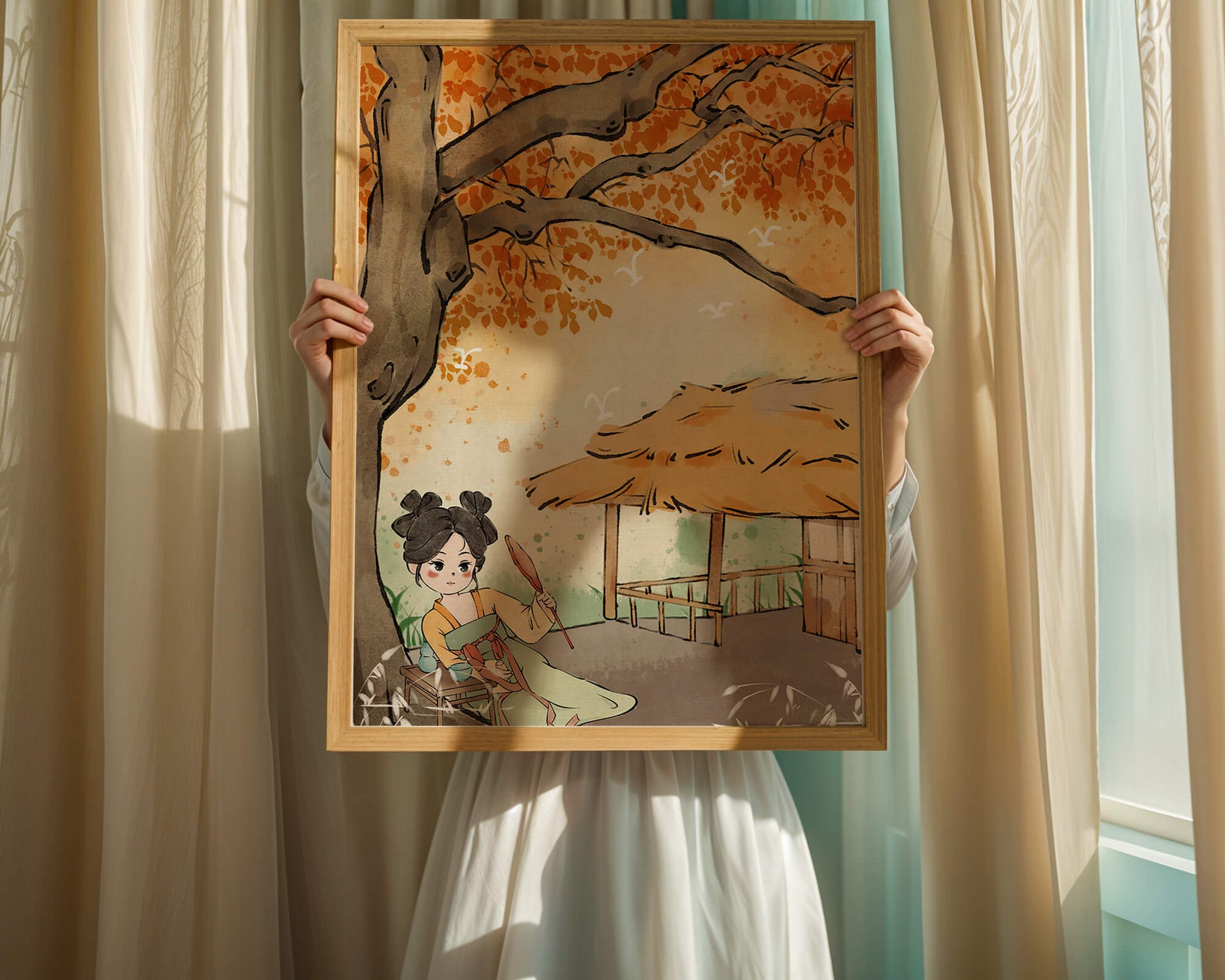 Escena de otoño con ilustración en estilo asiático tradicional