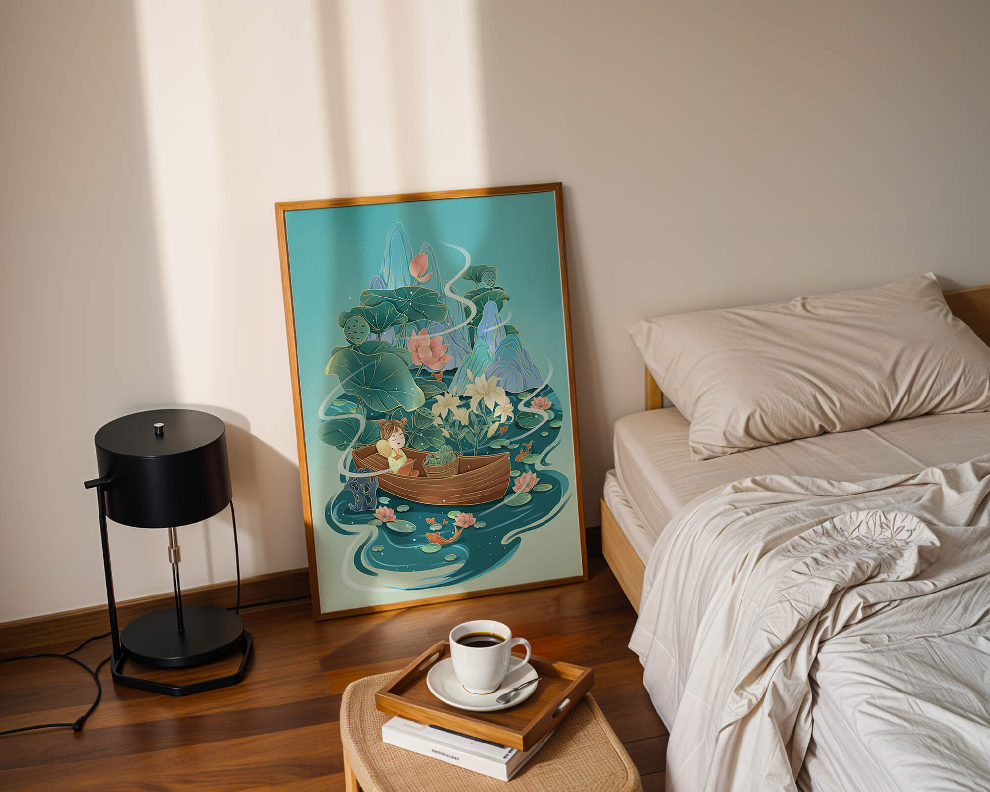 Serene landscape with lotus and boat in a tranquil water scene