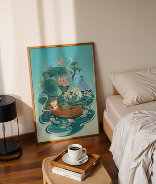 Heitere Landschaft mit Lotus und Boot in einer ruhigen Wasserszene